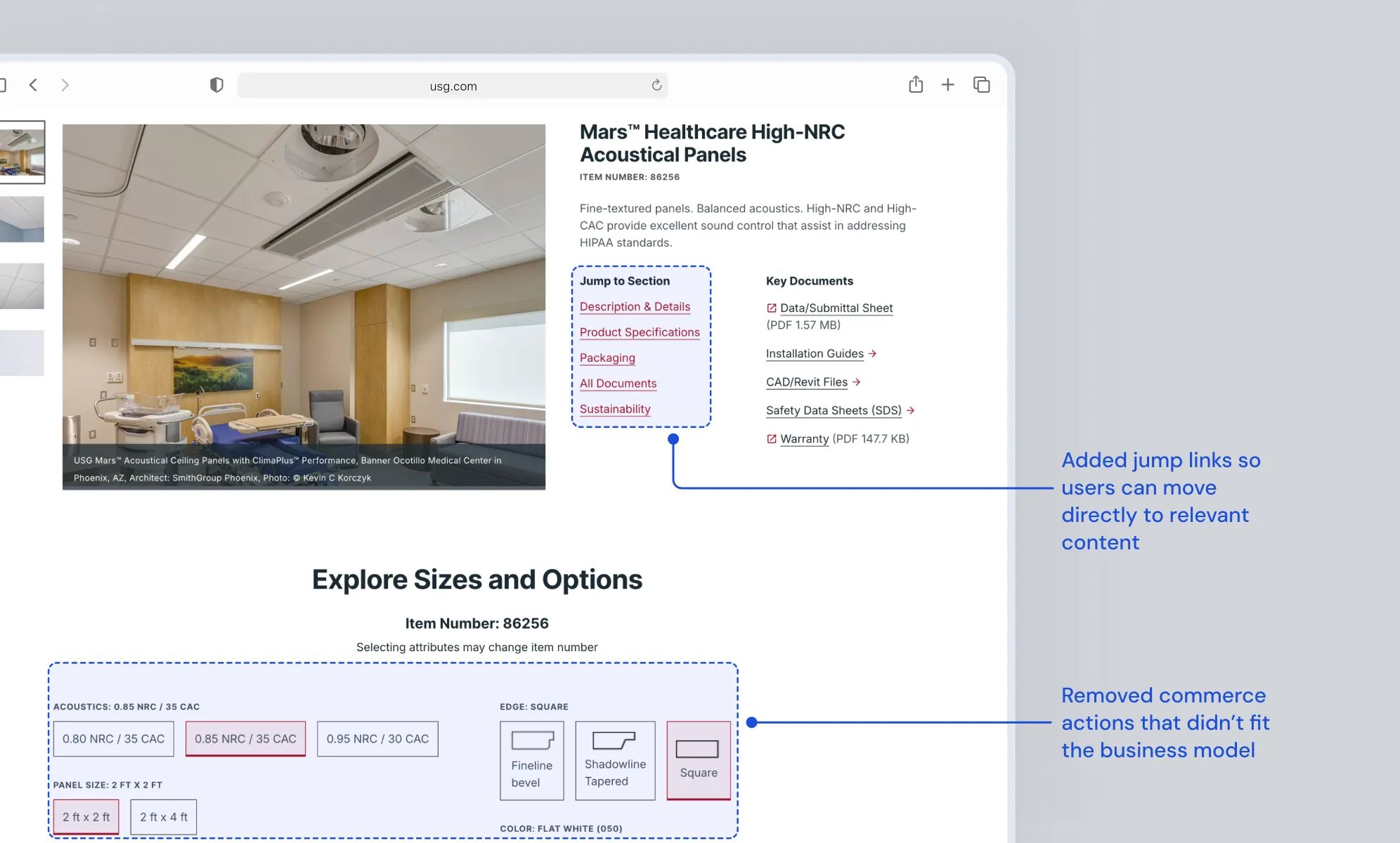 After: the proposed USG product detail page for Mars Healthcare High-NRC Acoustical Panels, with jump links, key documents and size and option selectors, with annotations describing the changes.