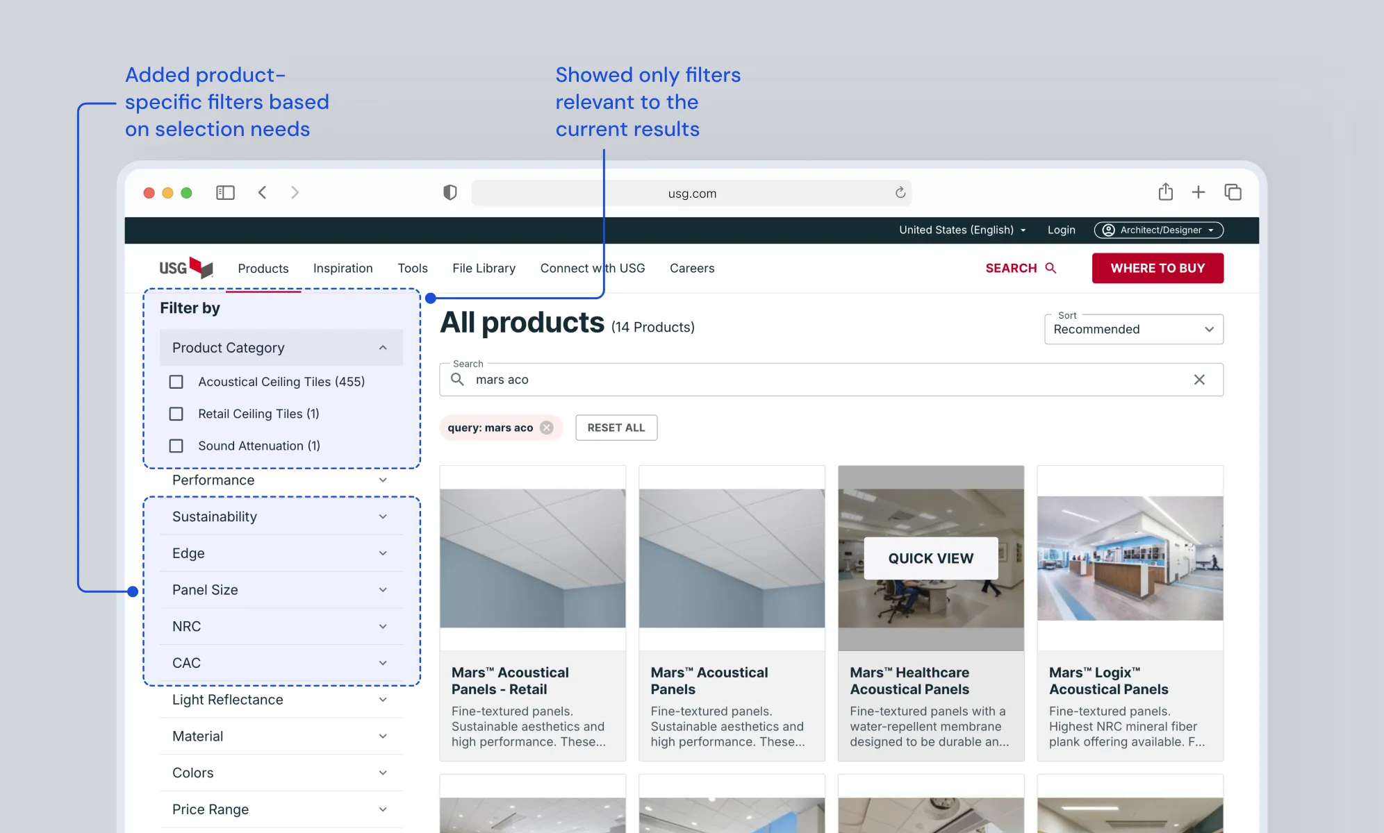 After: the proposed USG All products page with a product-specific filter sidebar, with annotations describing the changes.
