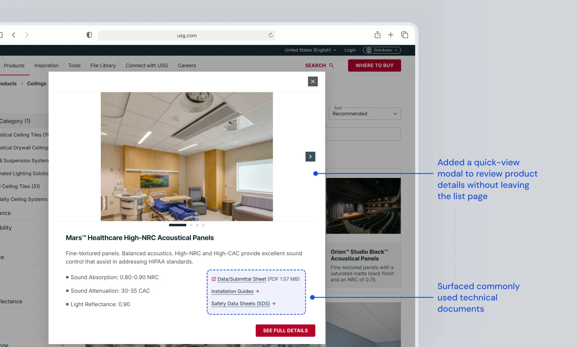 After: the proposed USG quick-view modal for Mars Healthcare High-NRC Acoustical Panels, opened from the product list, with annotations describing the changes.