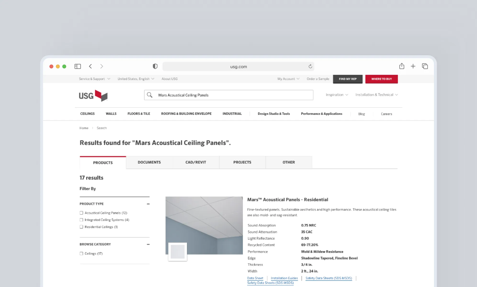 Before: the existing USG search results page for “Mars Acoustical Ceiling Panels”, with a Filter By sidebar.