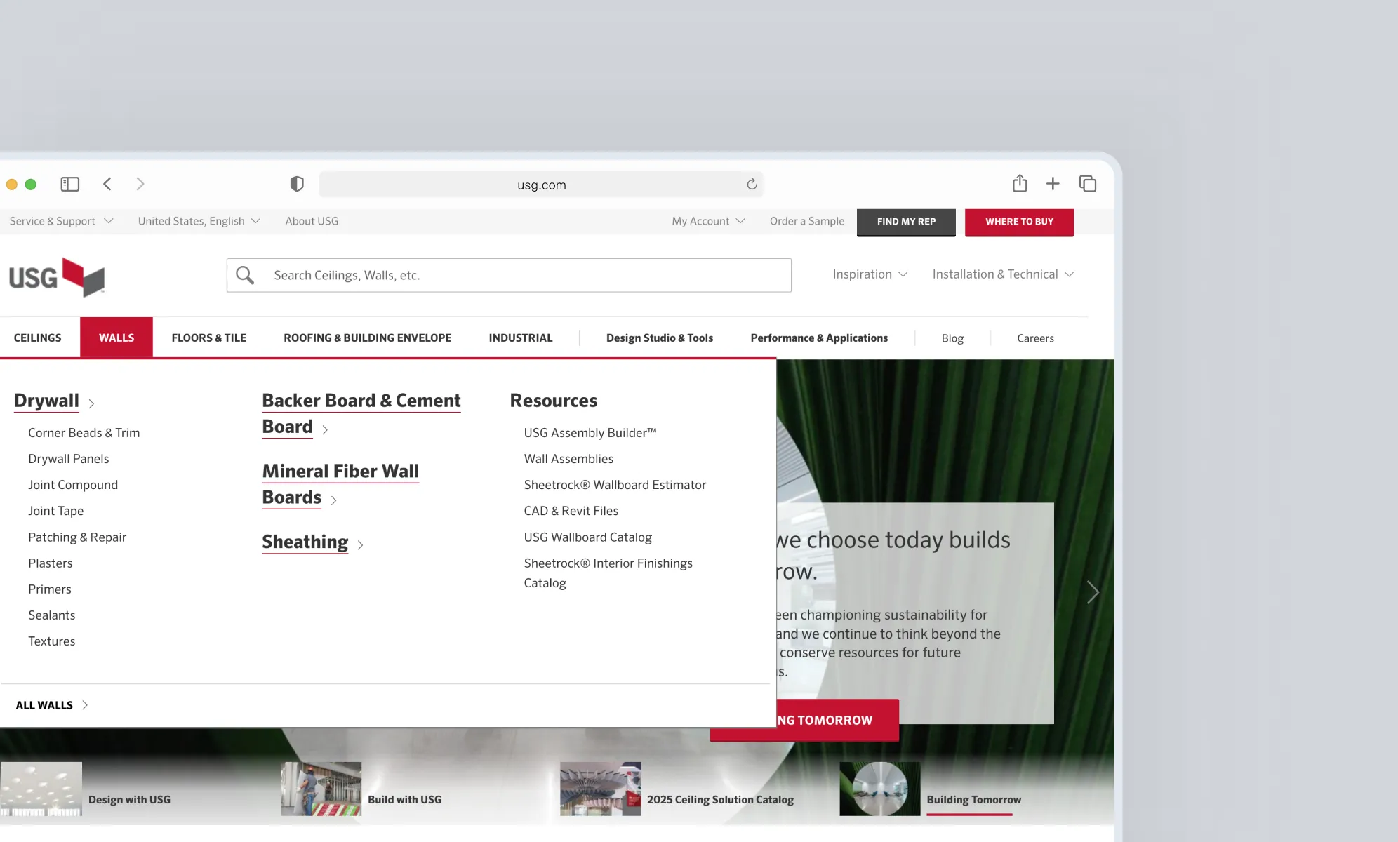 Before: the existing USG header navigation, with the Walls menu open.