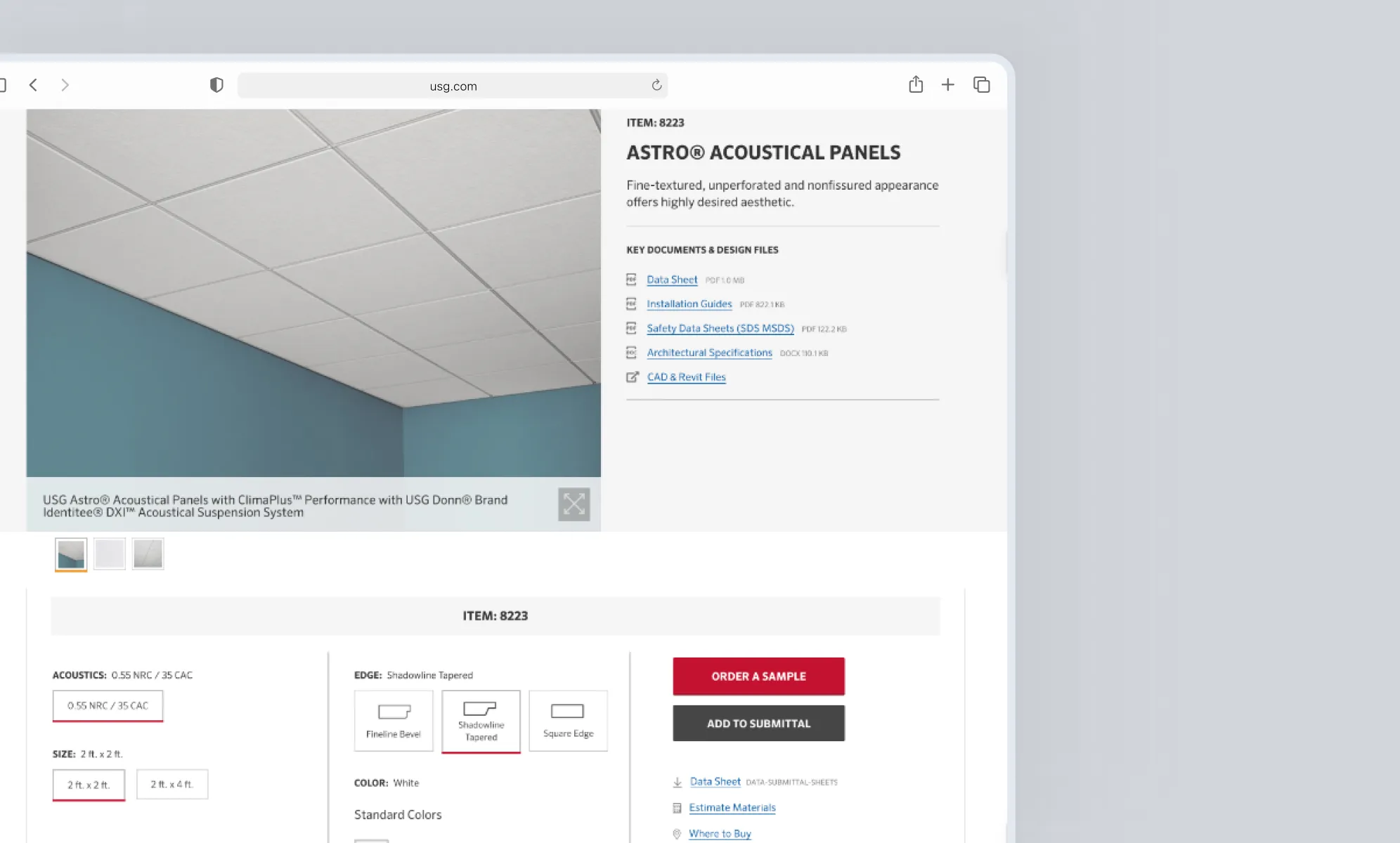 Before: the existing USG product detail page for Astro Acoustical Panels, showing key documents and item options.