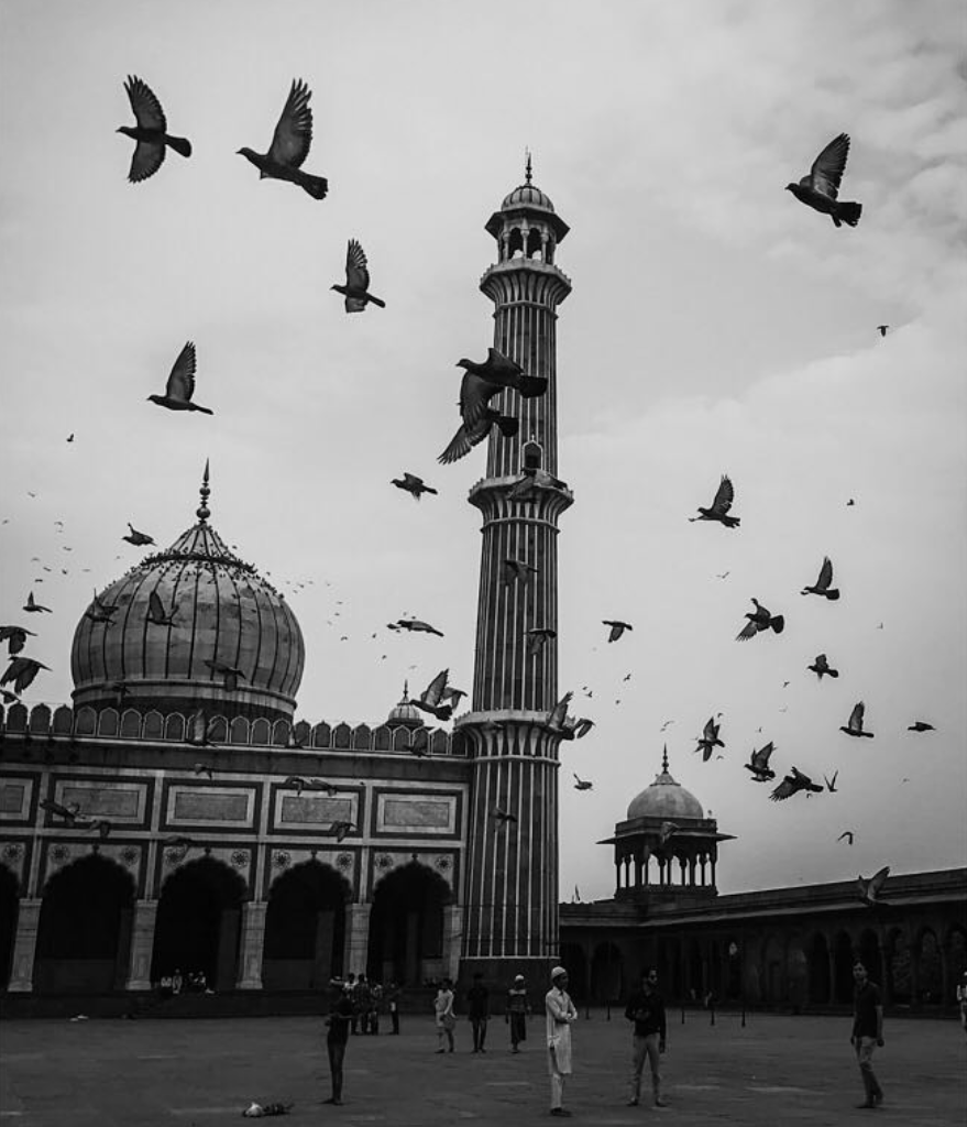 Black-and-white photograph of pigeons flying above the courtyard of Jama Masjid in Delhi.