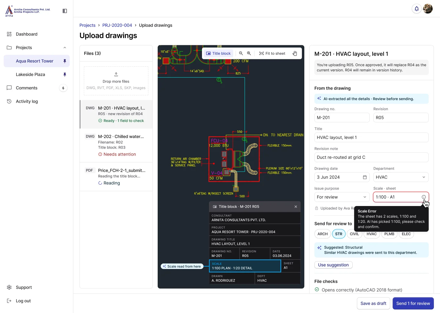 Upload page with the file list, the drawing preview with its title block, and the details read from the drawing, including a scale error tooltip and a suggested department to send it to