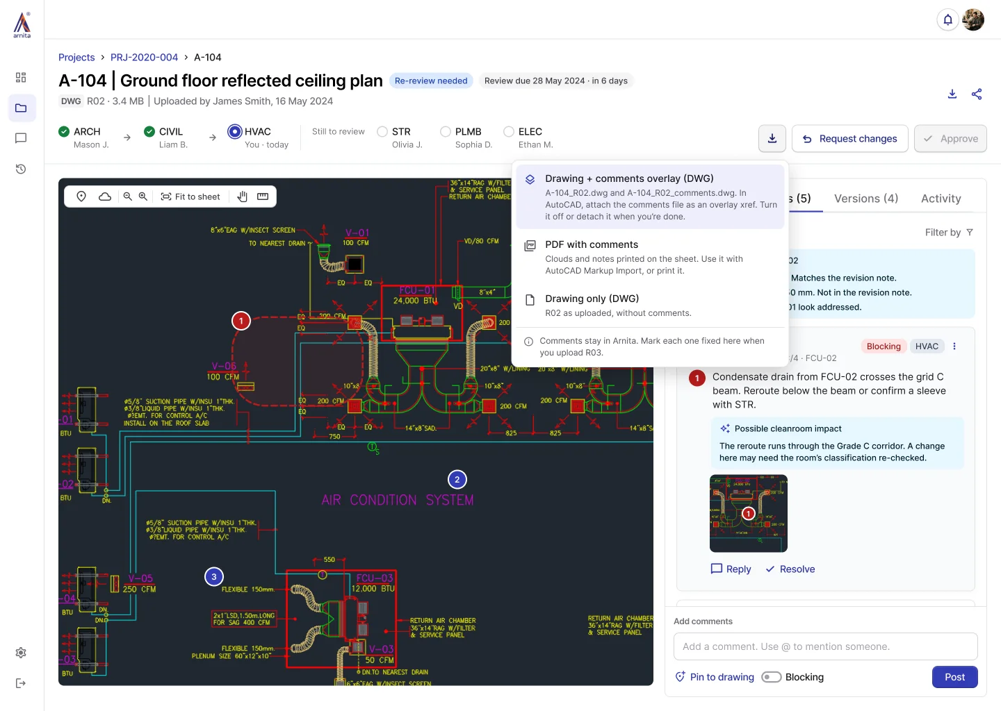 A-104 file view with the download menu open: the drawing plus a separate comments overlay DWG, a PDF with comments, or the drawing only