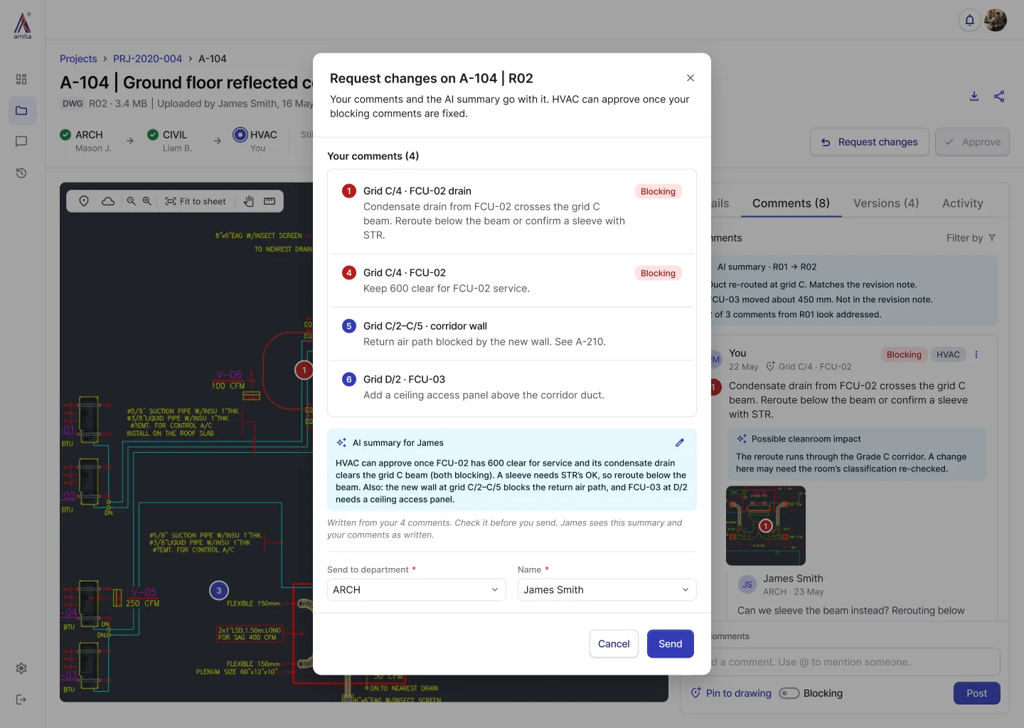 Request changes dialog for A-104 R02 listing the reviewer's comments, an editable AI summary for the drafter, and fields to choose the department and person it goes to