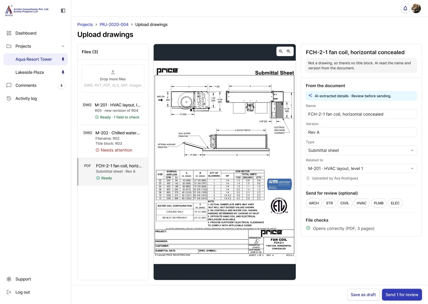 Upload page for a fan coil submittal sheet, with its name, version, type and related drawing filled in from the document